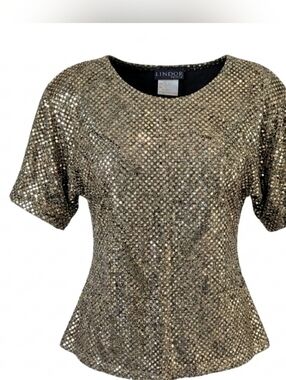 Vintage Lindor Party Evening Bling Gold Sequin Short Sleeve Women's Top Size M